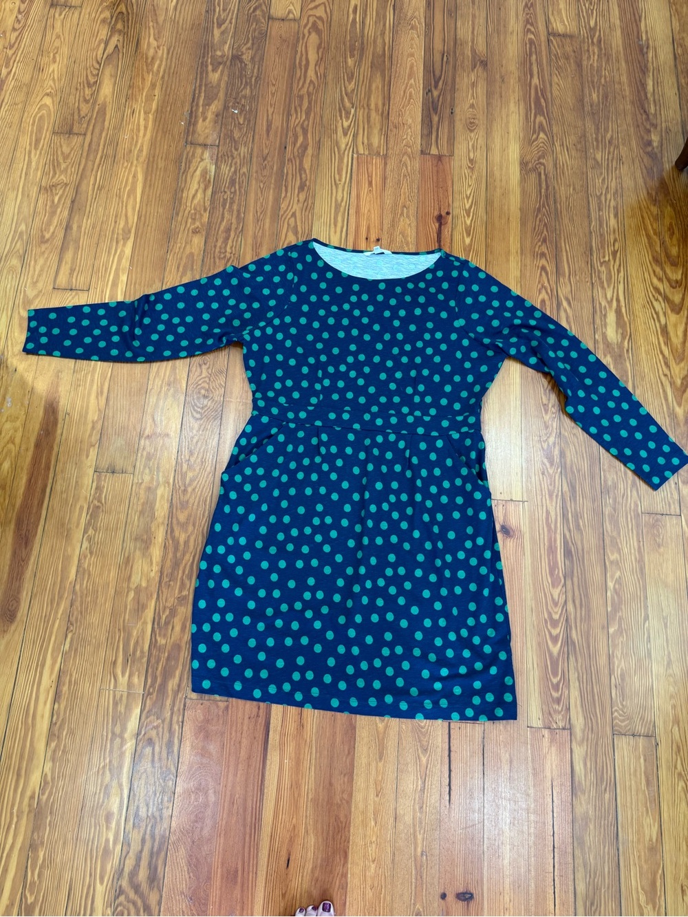 Boden Navy Long-Sleeve Dress with Green Polka Dots
